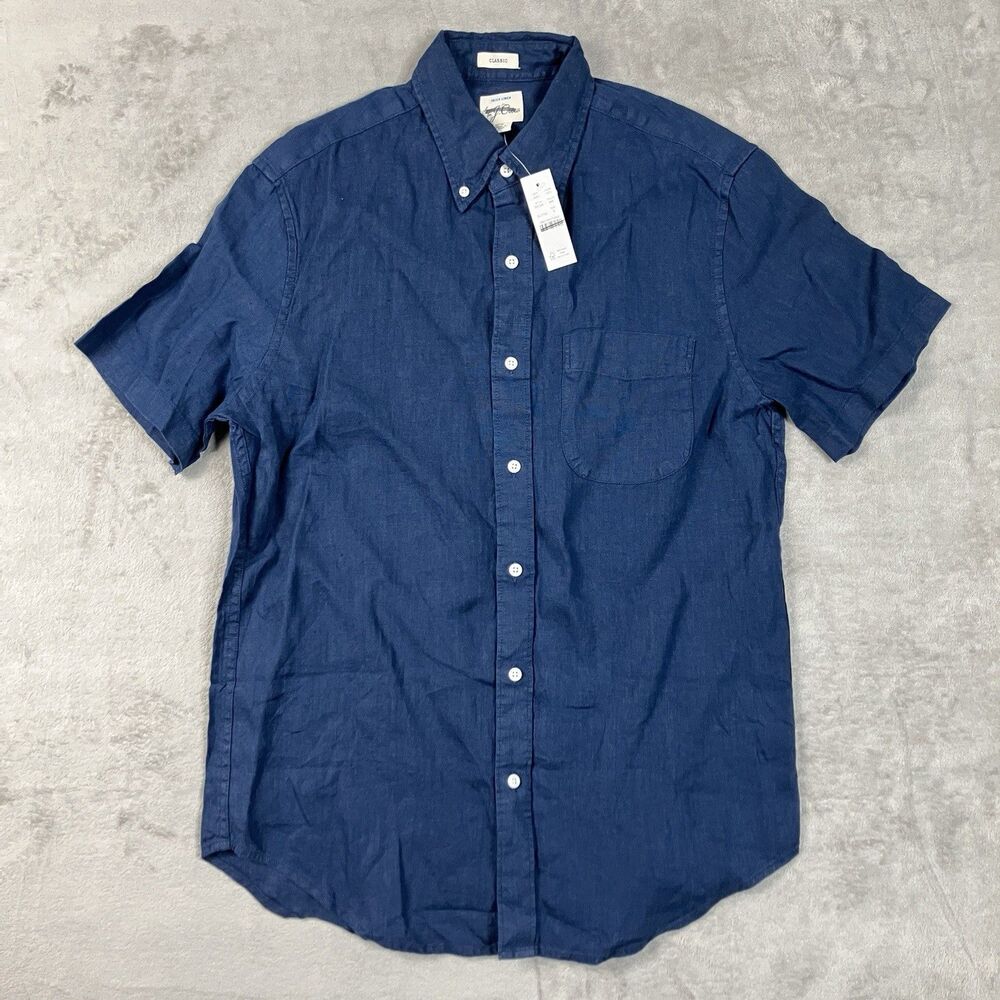 J.Crew Baird McNutt Linen Shirt Mens S Blue Short Sleeve Button Down Coastal